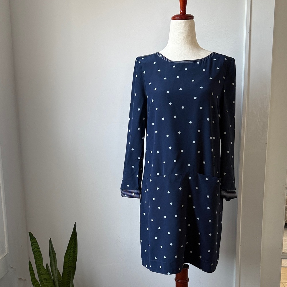 J. Crew Silk Dress Size 4 Petite Navy Dress with White Dots Classic